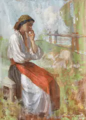 Nicolae Vermont, Țărăncuță pe malul iazului, 1906, pastel pe hârtie