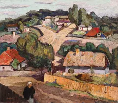 Stradă din Huși by Adam Bălţatu, ulei pe carton, sold Mar 2021