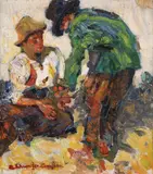 Copii punând la cale by Rudolf Schweitzer–Cumpăna, prima jumătate a anilor '30, ulei pe carton, sold Mar 2021