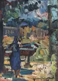 Țărăncuță spălând by Rudolf Schweitzer–Cumpăna, ulei pe carton, sold Mar 2021