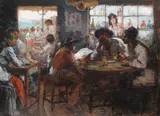 Zi de sărbătoare by Nicolae Vermont, ulei pe carton, sold Mar 2021