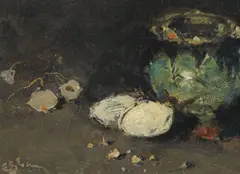 Eustațiu Stoenescu, Natură statică cu ouă, usturoi și cană, ulei pe carton