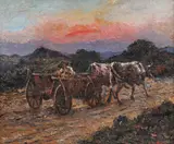 Întoarcerea de la câmp, pe asfințit by Octav Băncilă, anii '20, ulei pe pânză, sold Mar 2021