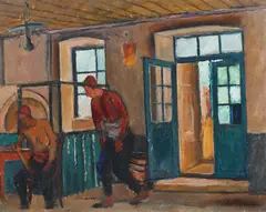Cafeneaua lui Mamut by Vasile Popescu, 1923-1925, ulei pe carton, sold Mar 2021