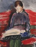 Corneliu Baba, Fată citind, 1964, guașă, tempera și cărbune pe hârtie lipită pe carton