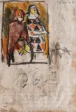 Corneliu Baba, Pierrot și Colombina, 1976, cărbune, ceracolor și pix pe hârtie lipită pe carton
