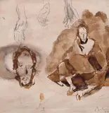Corneliu Baba, Studiu pentru Rege nebun, 1976, peniță, laviu, creion și ceracolor pe hârtie