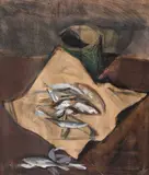 Corneliu Baba, Natură statică cu pește, anii '40, guașă, ceracolor și cărbune pe hârtie