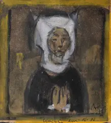 Studiu pentru olandeză by Corneliu Baba, 1971, ceracolor, accente de guașă, cărbune și creion pe hârtie lipită pe carton, sold Feb 2021