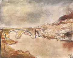 Toledo by Corneliu Baba, 1974, ceracolor și pix pe hârtie lipită pe carton, offered Feb 2021