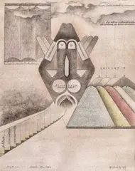 Alexandru Chira, Templul așteptărilor, 1993, acuarelă, tuș și creioane colorate pe hârtie manuală lipită pe carton