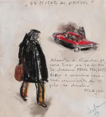 Filajul by Corneliu Baba, 1964, ceracolor, cărbune și pix pe hârtie lipită pe carton, sold Feb 2021