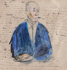 Un critic by Corneliu Baba, 1967, pix și ceracolor pe hârtie lipită pe carton, sold Feb 2021