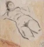 Corneliu Baba, Nud, 1963, guașă, ceracolor și cărbune pe hârtie lipită pe carton