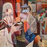 Măști venețiene by Petre Velicu, ulei pe placaj, sold Feb 2021