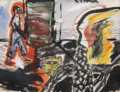 Andrei Chintilă, Strada, 1987, acuarelă, tempera, tuș și grafit pe hârtie lipită pe placaj