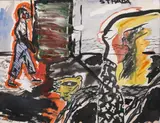 Andrei Chintilă, Strada, 1987, acuarelă, tempera, tuș și grafit pe hârtie lipită pe placaj