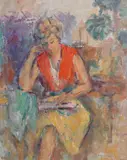 Lectură by Ion Musceleanu, 1979, ulei pe pânză lipită pe carton, sold Feb 2021