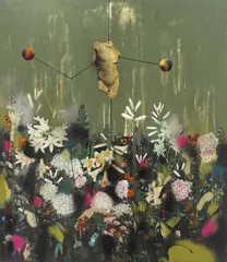 Andrei Ciurdărescu, Utopic Garden, 2019, monoprint, acrilic și ulei pe pânză
