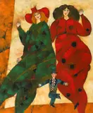 Clovni by Harry Guttman, ulei pe masonit, sold Feb 2021
