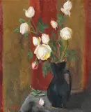 Canceu cu trandafiri by Leon Biju, ulei pe carton, sold Jan 2021