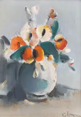 Vas cu flori by Corneliu Ionescu, ulei pe carton, sold Jan 2021