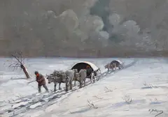 Iarnă grea by Ion Doboşariu, ulei pe carton, sold Jan 2021