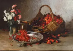 Elena Müller-Stăncescu, Natură statică cu pahar cu garofițe și coș cu cireșe, ulei pe carton