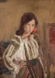 Fetiță în costum popular by Niculina Delavrancea Dona, ulei pe carton, sold Jan 2021