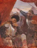 Vin turcii! by Stoica Dumitrescu, ulei pe placaj, sold Jan 2021