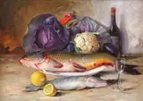 Natură statică cu pești și legume by Elena Müller-Stăncescu, ulei pe carton, sold Jan 2021