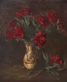 Canceu cu bujori by Leon Biju, ulei pe carton, sold Jan 2021