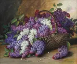 Petre Bărcănescu, Coș cu flori de liliac, ulei pe carton