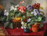 Ghivece cu primule by Elena Müller-Stăncescu, ulei pe carton, sold Jan 2021