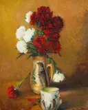 Ulcior cu garoafe by Leon Biju, 1961, ulei pe carton, sold Jan 2021