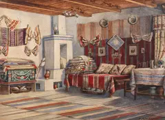 Hans Aescher, Interior tradițional, acuarelă pe hârtie