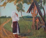 La troiță by Leon Biju, ulei pe carton, sold Jan 2021