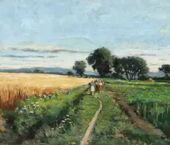 Petre Dumitrescu, Țărăncuțe pe cale, 1957, ulei pe pânză