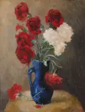Canceu cu garoafe by Leon Biju, ulei pe carton, sold Jan 2021