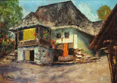Căsuța cu pridvor by Cornel Raţiu, ulei pe carton, sold Jan 2021