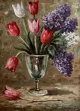 Pahar cu liliac și lalele by Ion Doboşariu, ulei pe carton, sold Jan 2021