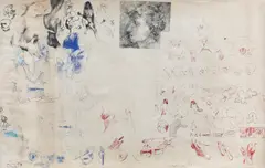Oameni by Ion Grigorescu, 1974, tuș, cerneală albastră și pix roșu pe hârtie, offered Nov 2020
