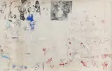 Ion Grigorescu, Oameni, 1974, tuș, cerneală albastră și pix roșu pe hârtie