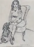 Tânără pozând (Monica Lovinescu și cockerul Babi) by Niculina Delavrancea Dona, 1932, cărbune pe hârtie, sold Nov 2020