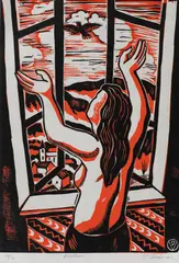 Zori de zi (Tinerețe) by Vasile Dobrian, linogravură în culori lipită pe carton, sold Nov 2020