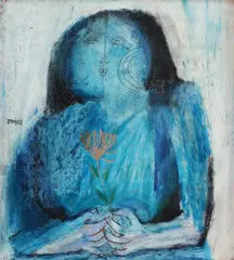 Samy Briss, Fată albastră cu floare, 1971, tempera și creion pe lemn