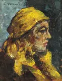 Soția artistului (Lucreția) by Gheorghe Petrașcu, 1927, ulei pe carton, sold Oct 2020