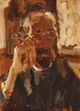 Fumătorul (părintele Gustav Müller) by Rudolf Schweitzer–Cumpăna, 1939, ulei pe carton, sold Oct 2020