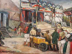 Târg de duminică by Mina Byck Wepper, ulei pe carton, sold Oct 2020