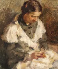 Cusătoreasă by Adam Bălţatu, ulei pe carton, sold Oct 2020